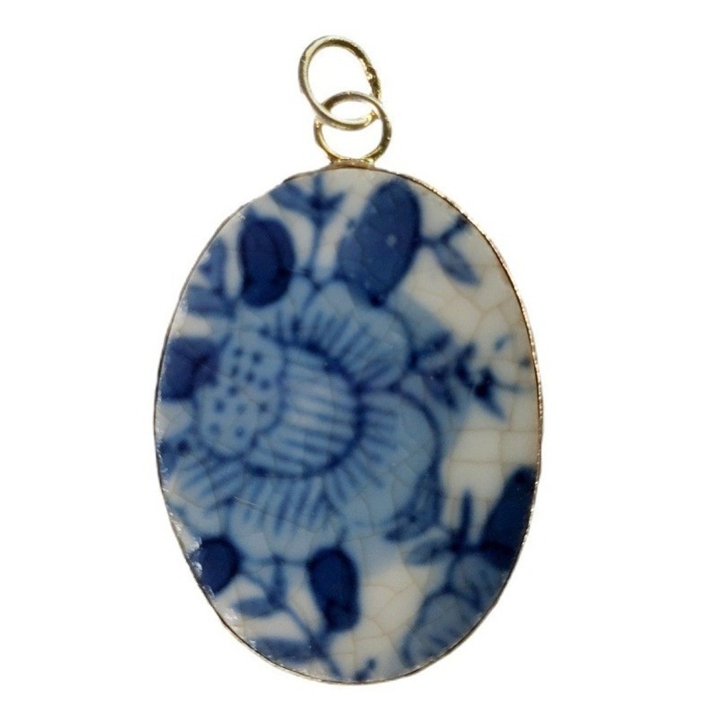 Ming Dynasty Style Delft Blue & White Rose Porcelain Pottery Shard Pendant Oval